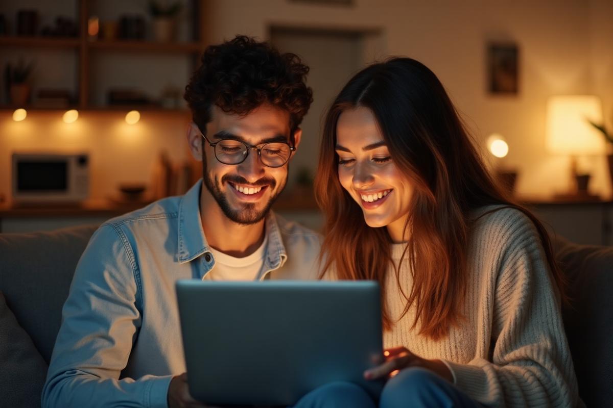Casal no sofá à noite olhando juntos a tela de um notebook