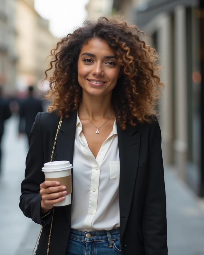 Mulher caminhando pela rua segurando um copo de café