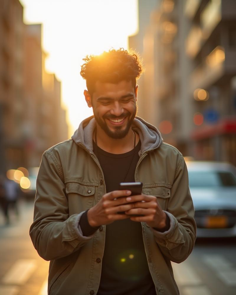Homem parado na rua mexendo no celular no fim da tarde